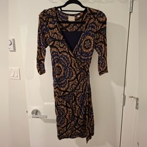Vanessa Virginia Women's Blue & Orange Rayon Boho Wrap Dress (Size XS)